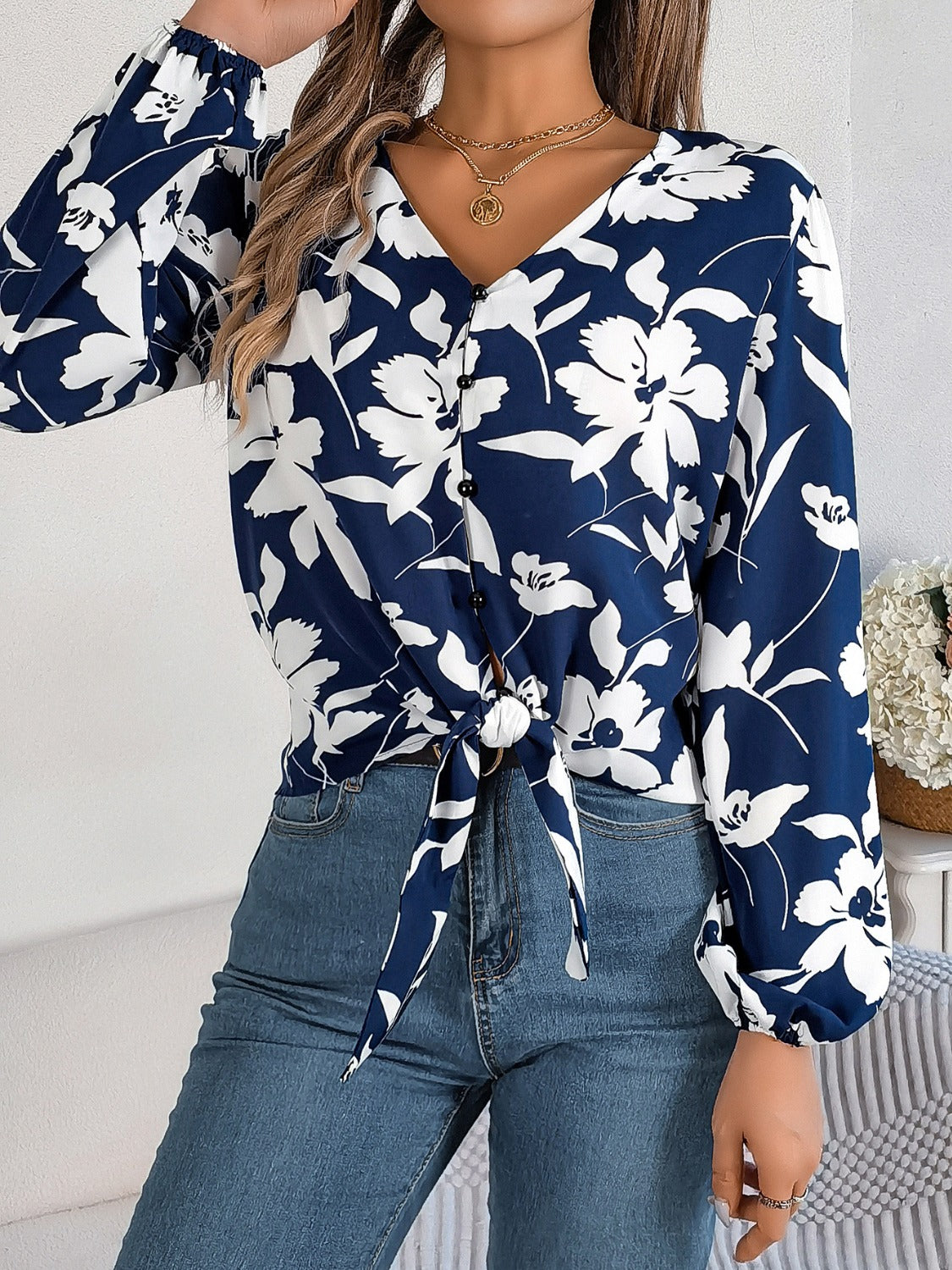 Printed V-Neck Long Sleeve Blouse - The Goddess Galleries