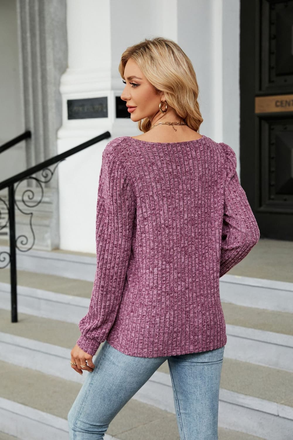 Ribbed Square Neck Long Sleeve T-Shirt - The Goddess Galleries