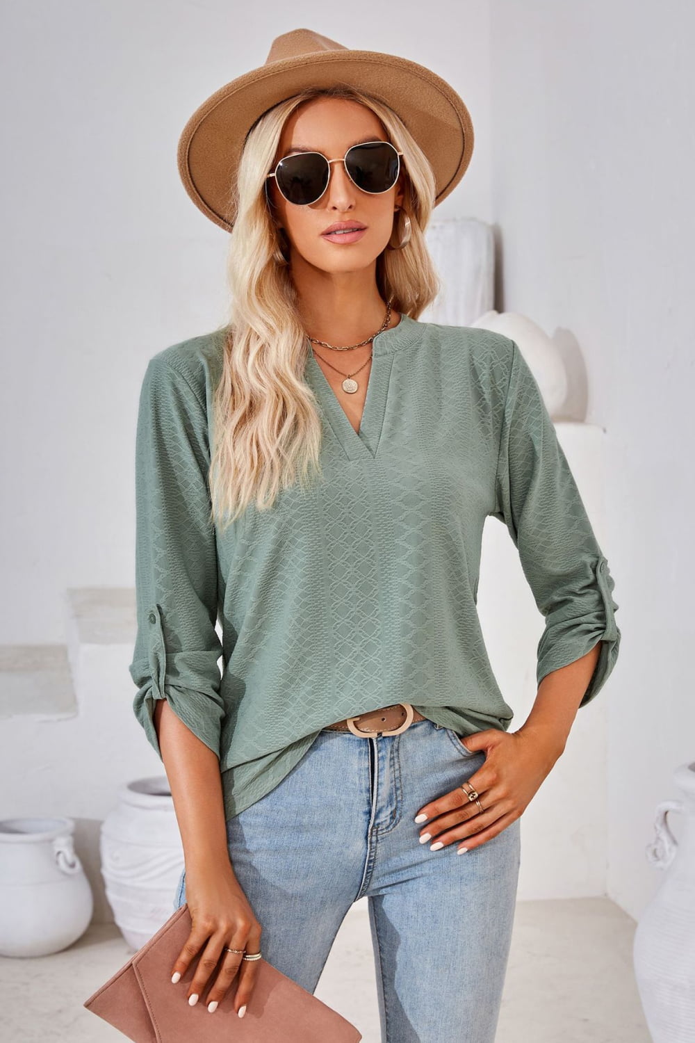 V-Neck Roll-Tap Sleeve Blouse - The Goddess Galleries