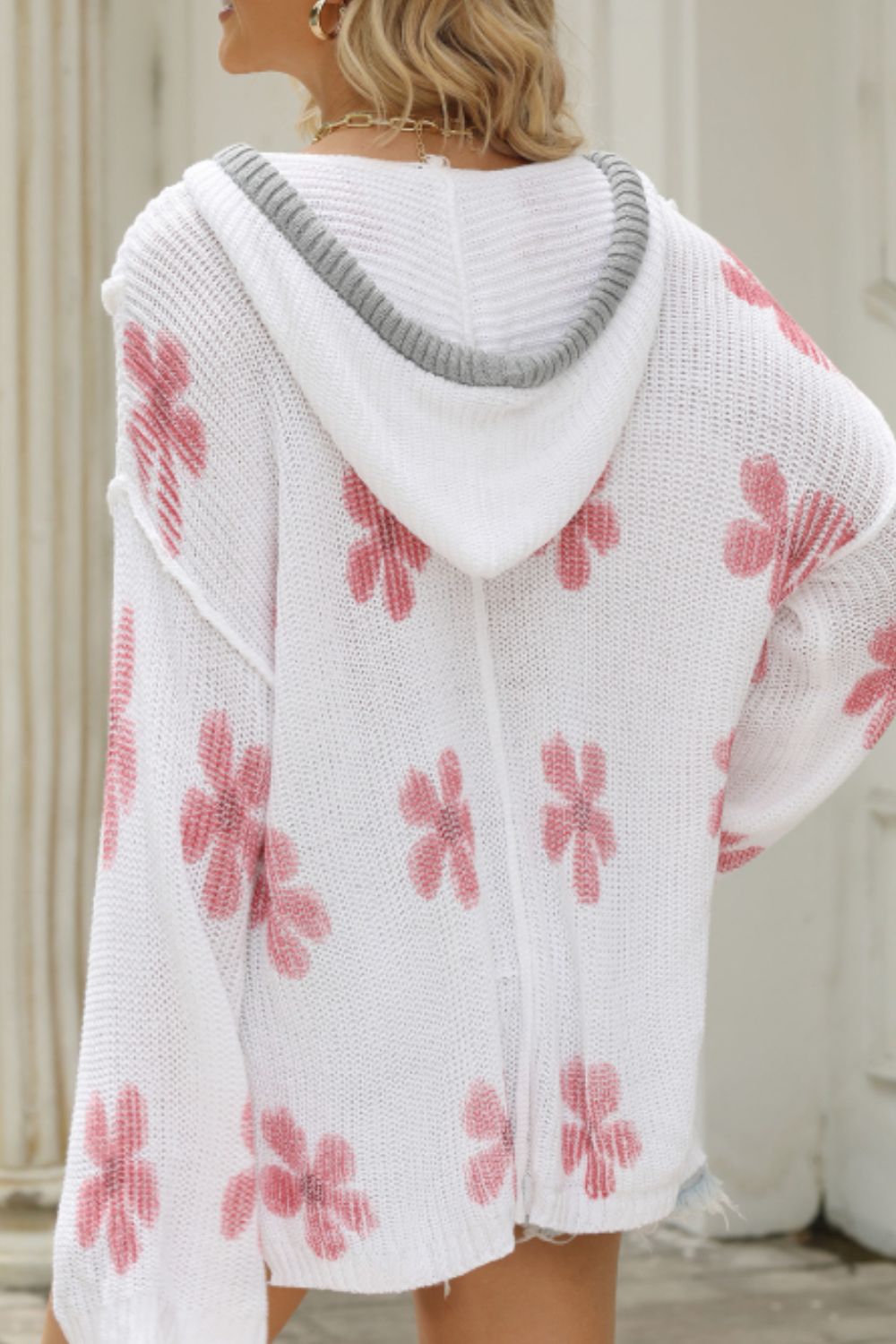 Drawstring Flower Hooded Knit Top - The Goddess Galleries