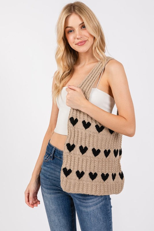 Fame Contrast Heart Crochet Tote Bag - The Goddess Galleries