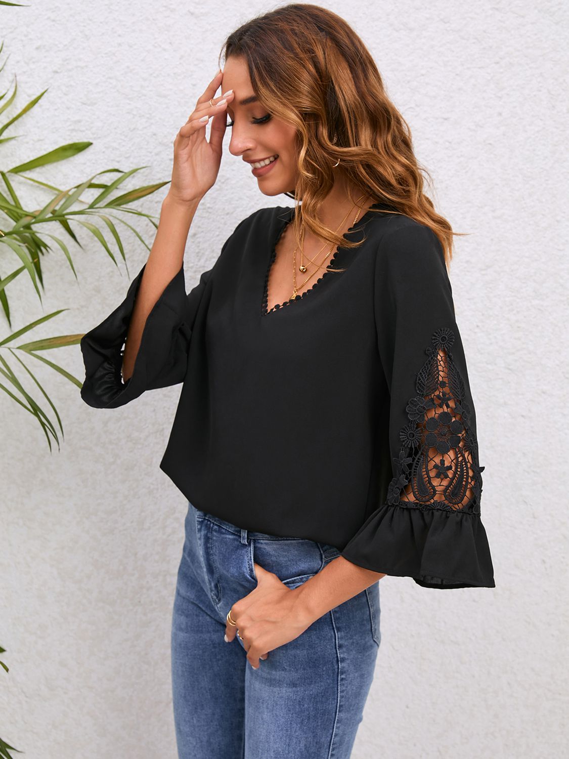 V-Neck Lace Detail Flounce Sleeve Blouse - The Goddess Galleries