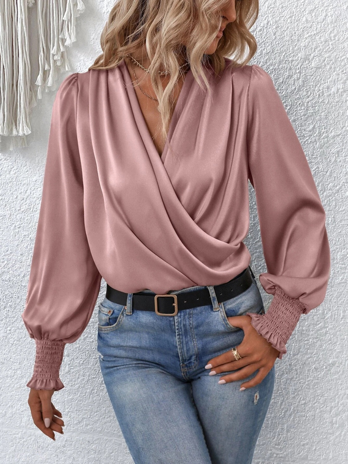 Surplice Smocked Lantern Sleeve Blouse - The Goddess Galleries