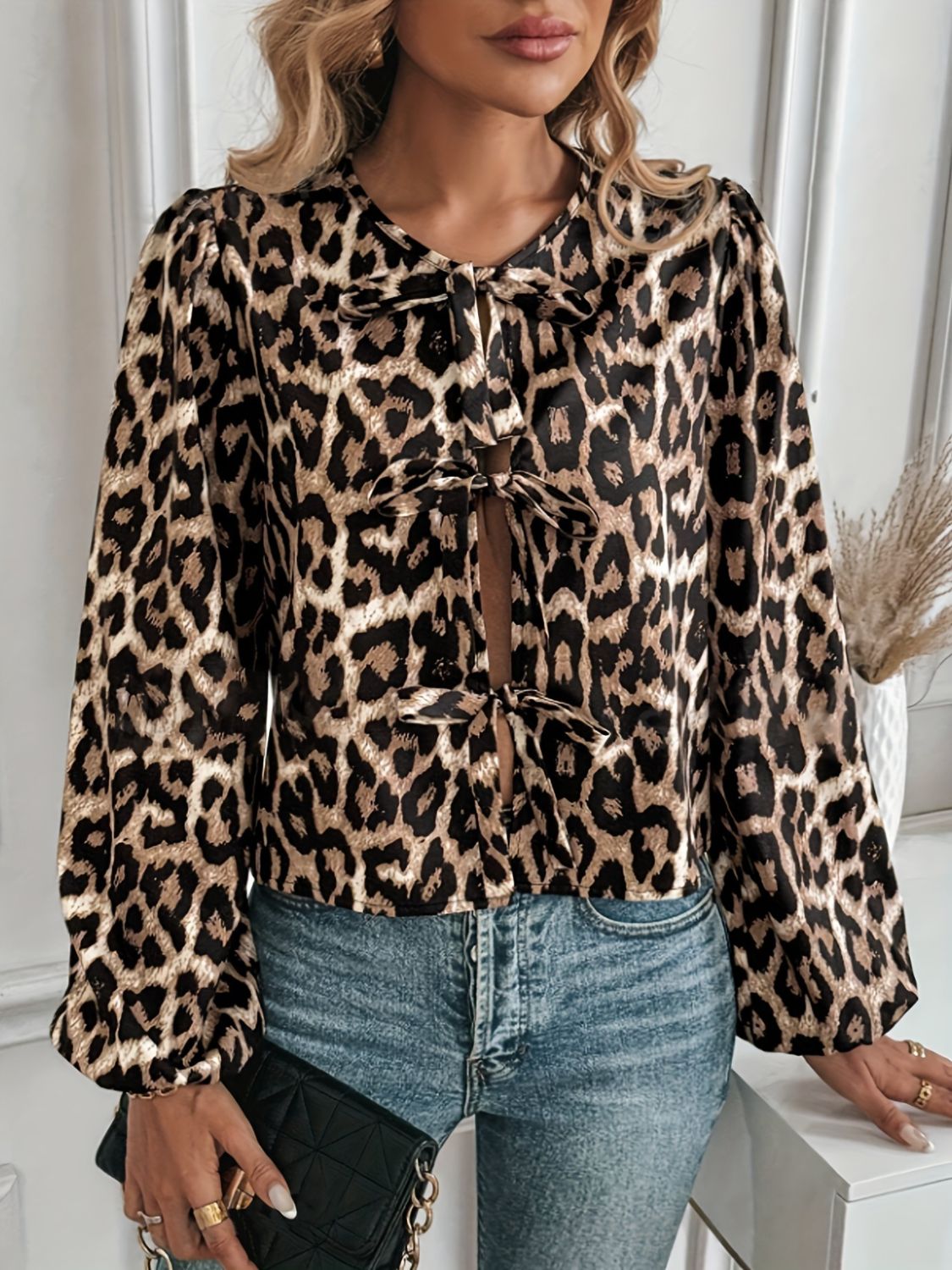 Tied Leopard Round Neck Long Sleeve Top - The Goddess Galleries