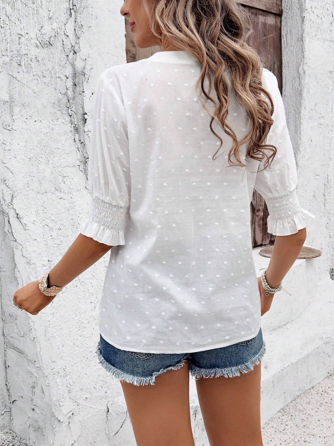 Eyelet Notched Flounce Sleeve Blouse - The Goddess Galleries