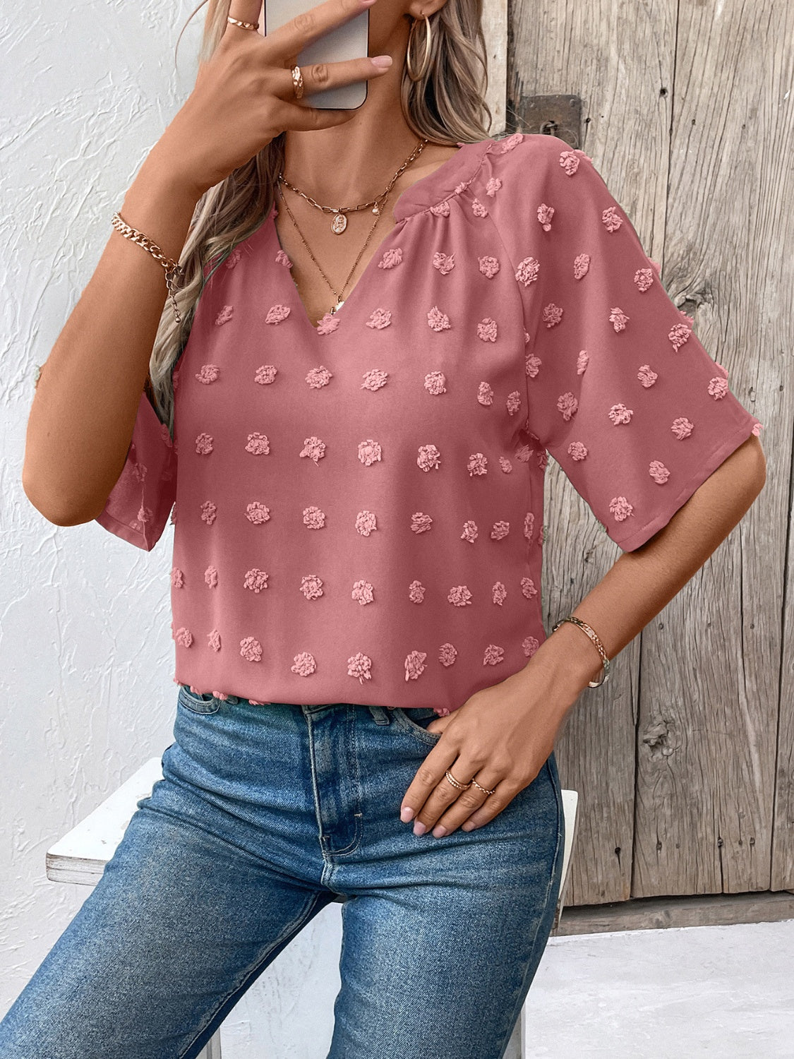 Ivy Lane Swiss Dot Notched Half Sleeve Blouse - The Goddess Galleries