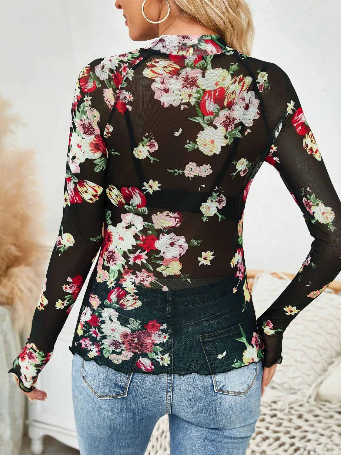 Floral Mock Neck Long Sleeve Top - The Goddess Galleries