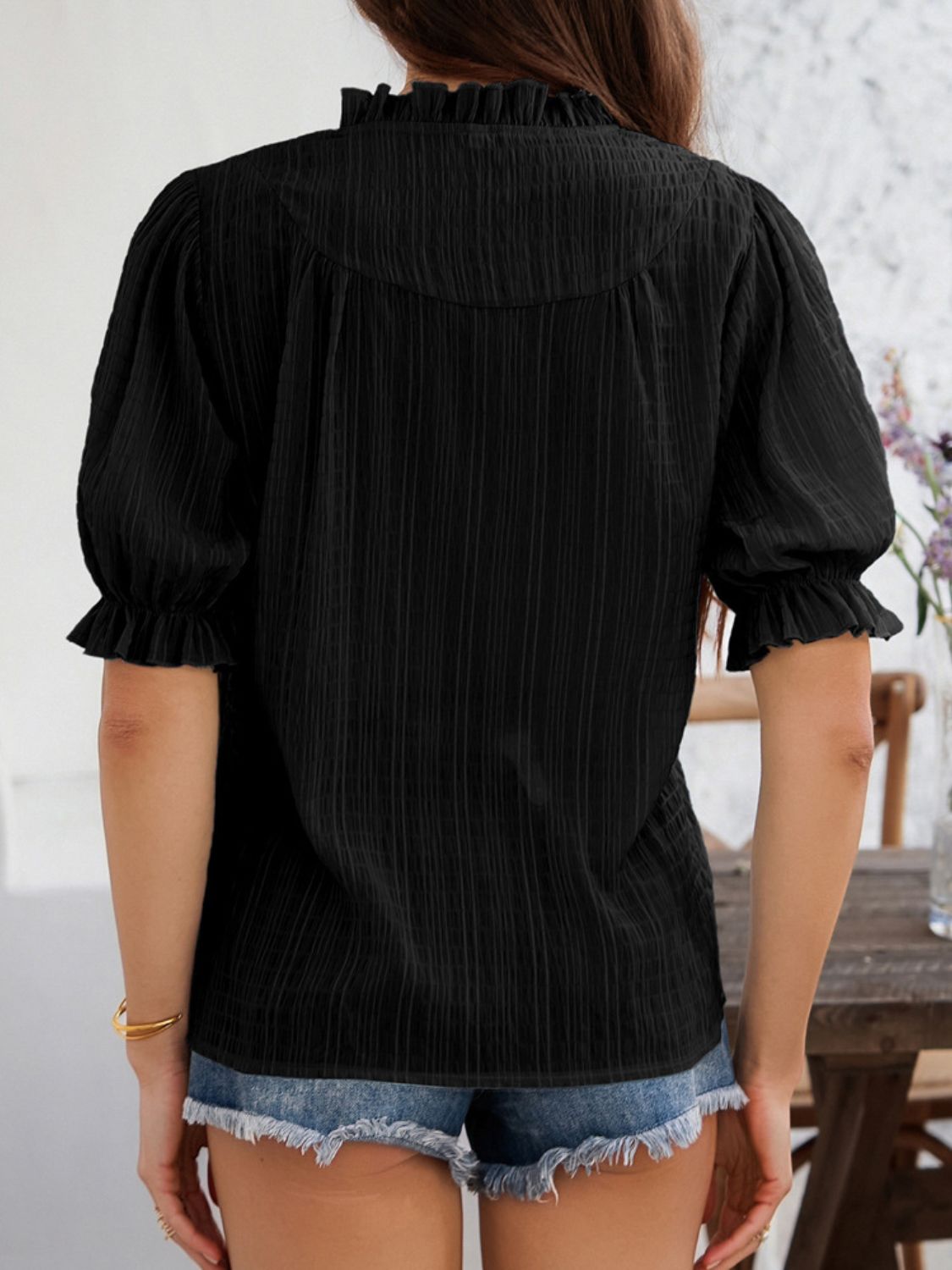 Devine Frill Notched Short Sleeve Blouse - The Goddess Galleries