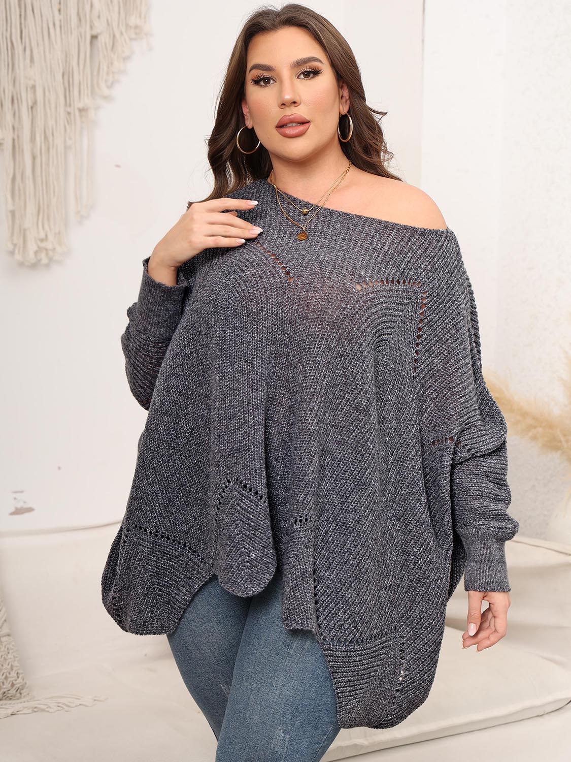 Plus Size Round Neck Batwing Sleeve Sweater - The Goddess Galleries