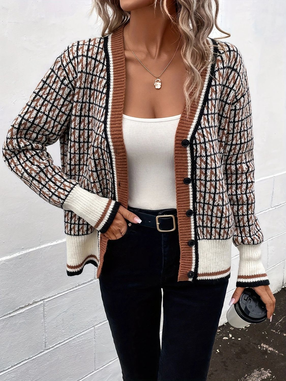 Plaid V-Neck Button Up Cardigan - The Goddess Galleries