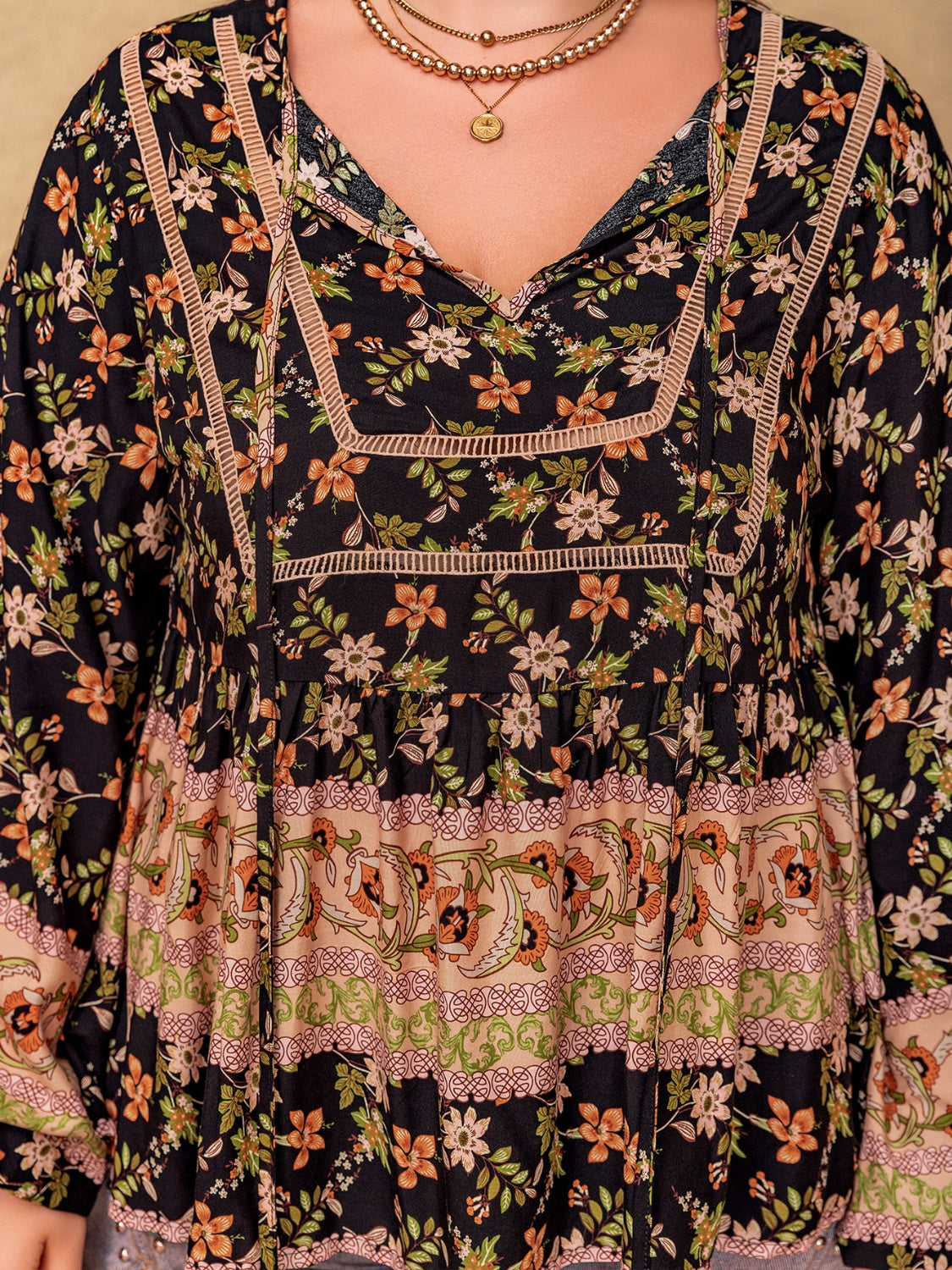Plus Size Printed Tie Neck Balloon Sleeve Blouse - The Goddess Galleries