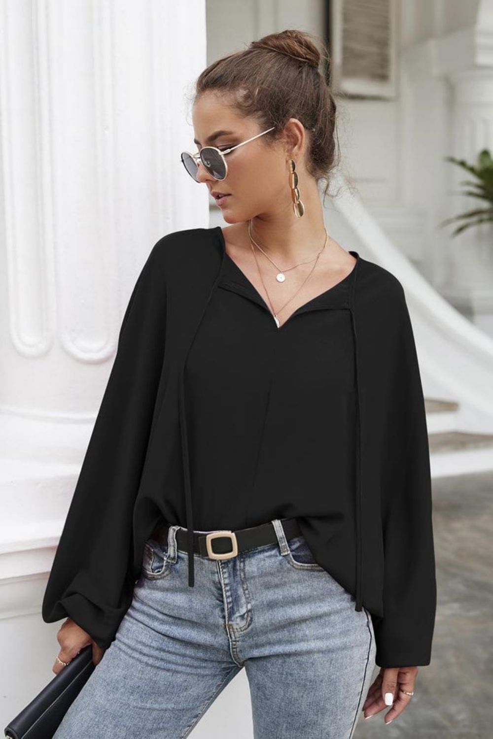 Tie Neck Balloon Sleeve Blouse - The Goddess Galleries