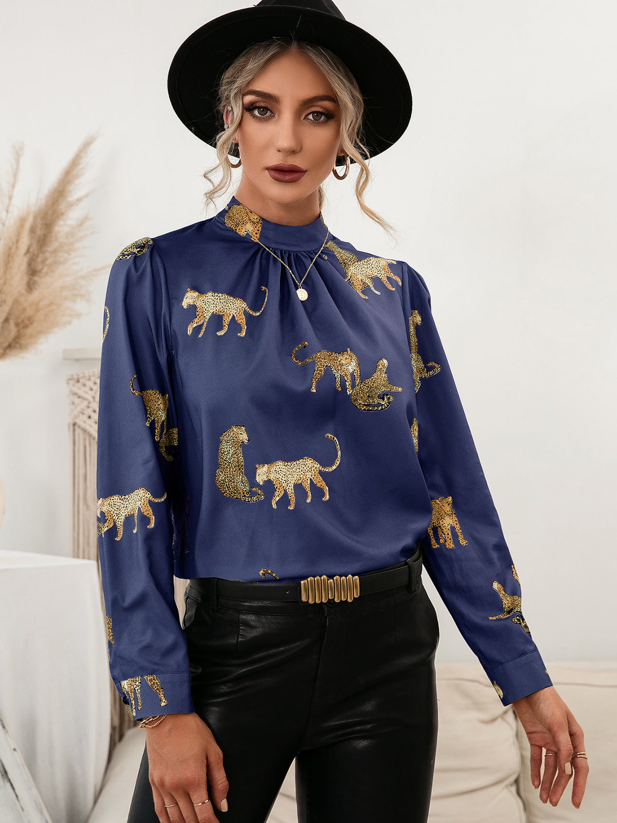Ivy Lane Leopard Graphic Mock Neck Puff Sleeve Blouse - The Goddess Galleries