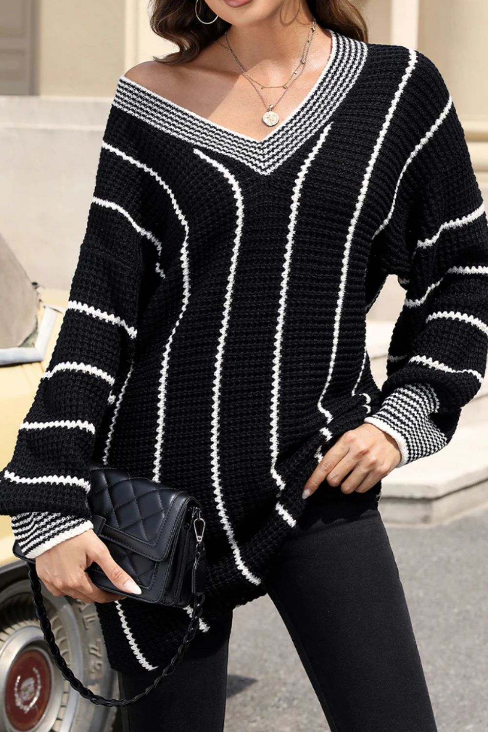 Striped V-Neck Long Sleeve Sweater - The Goddess Galleries