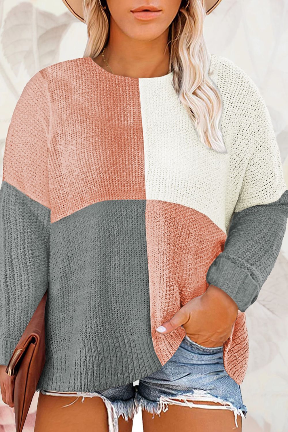 Plus Size Color Block Round Neck Sweater - The Goddess Galleries