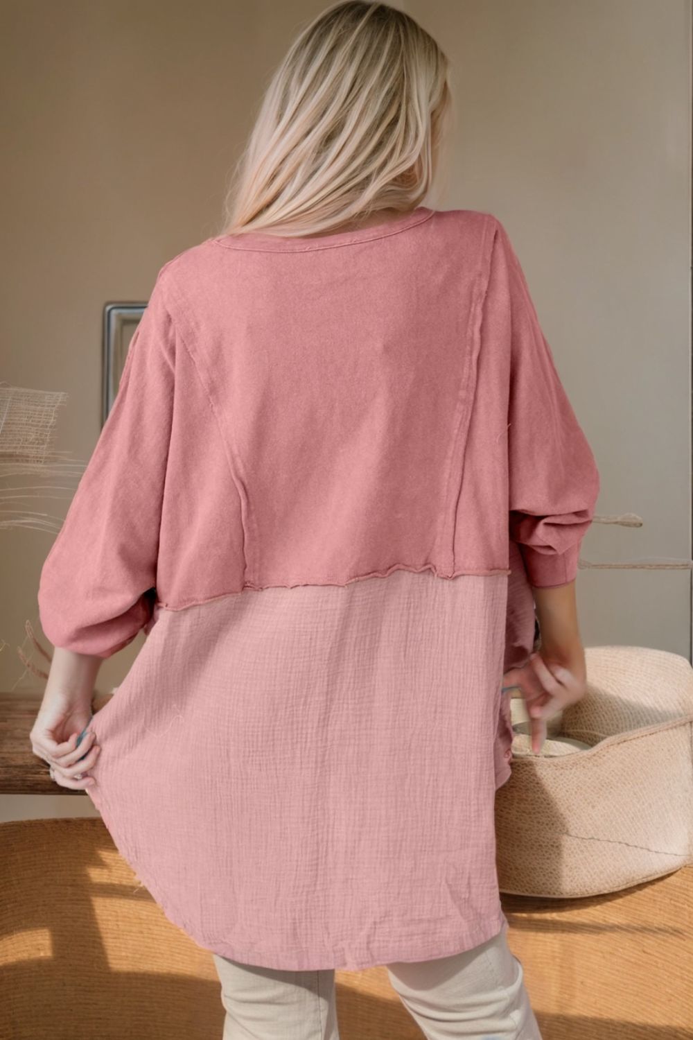 Contrast Texture Round Neck Long Sleeve Blouse - The Goddess Galleries