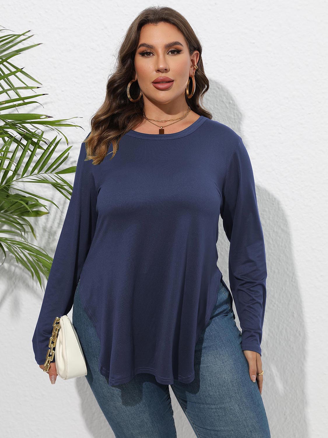 Plus Size Round Neck Long Sleeve Slit T-Shirt - The Goddess Galleries