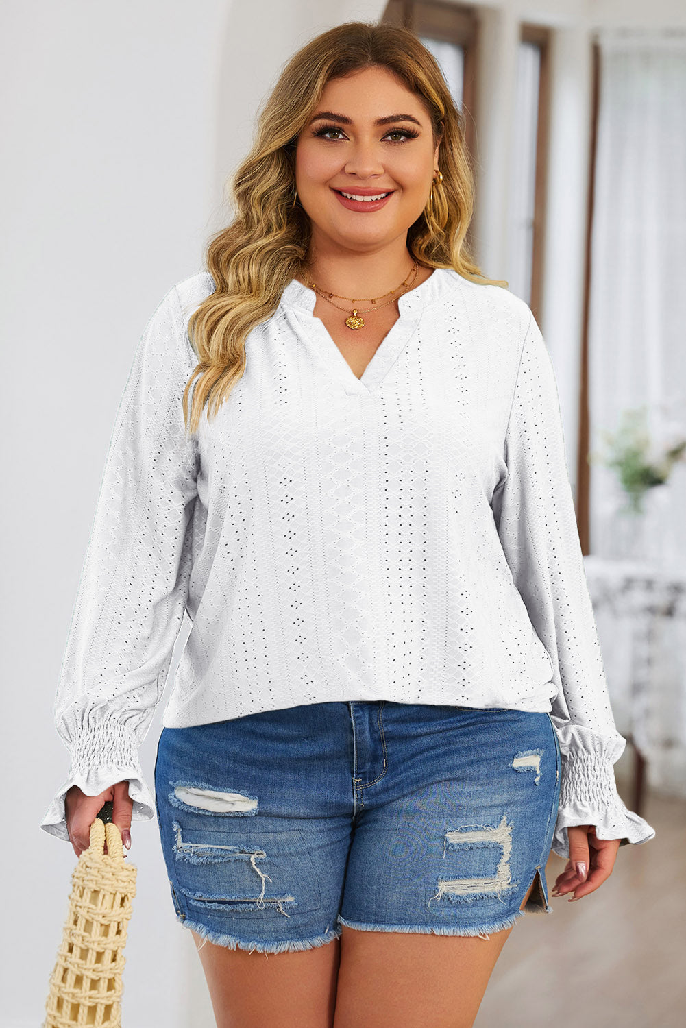 Plus Size Eyelet Notched Flounce Sleeve Blouse - The Goddess Galleries