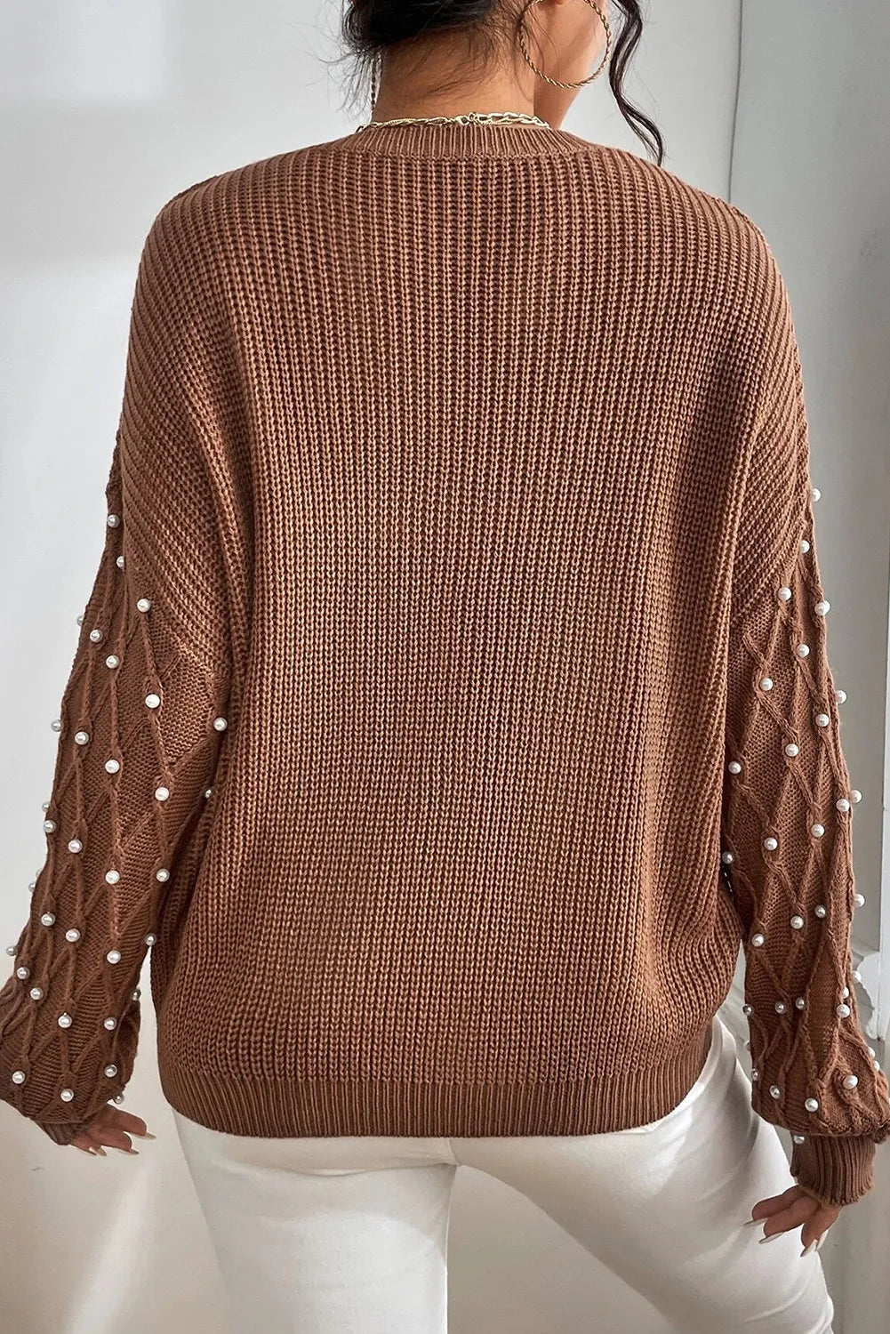 Pearl Detail Round Neck Long Sleeve Sweater - The Goddess Galleries