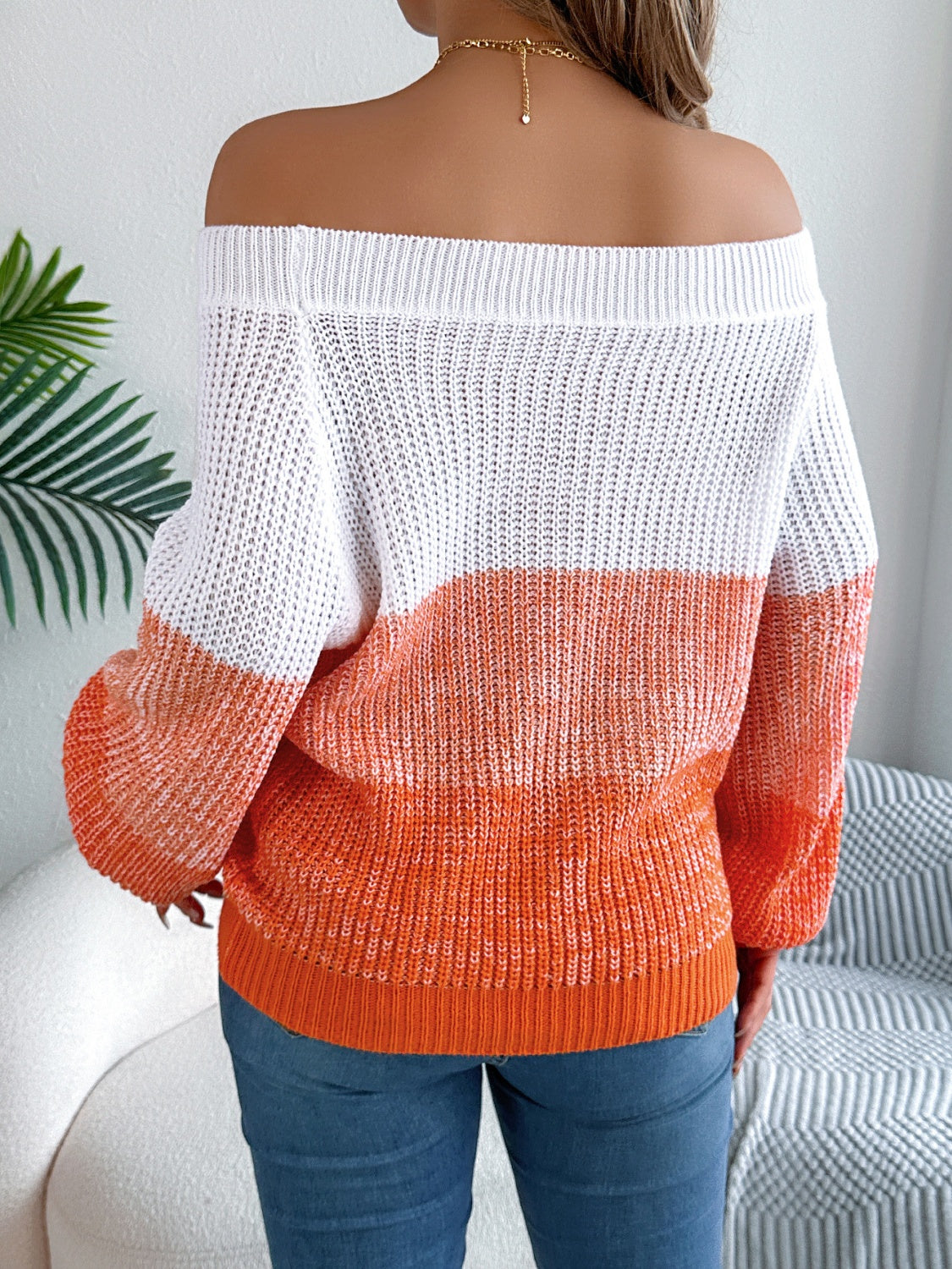 Color Block Off-Shoulder Long Sleeve Sweater - The Goddess Galleries