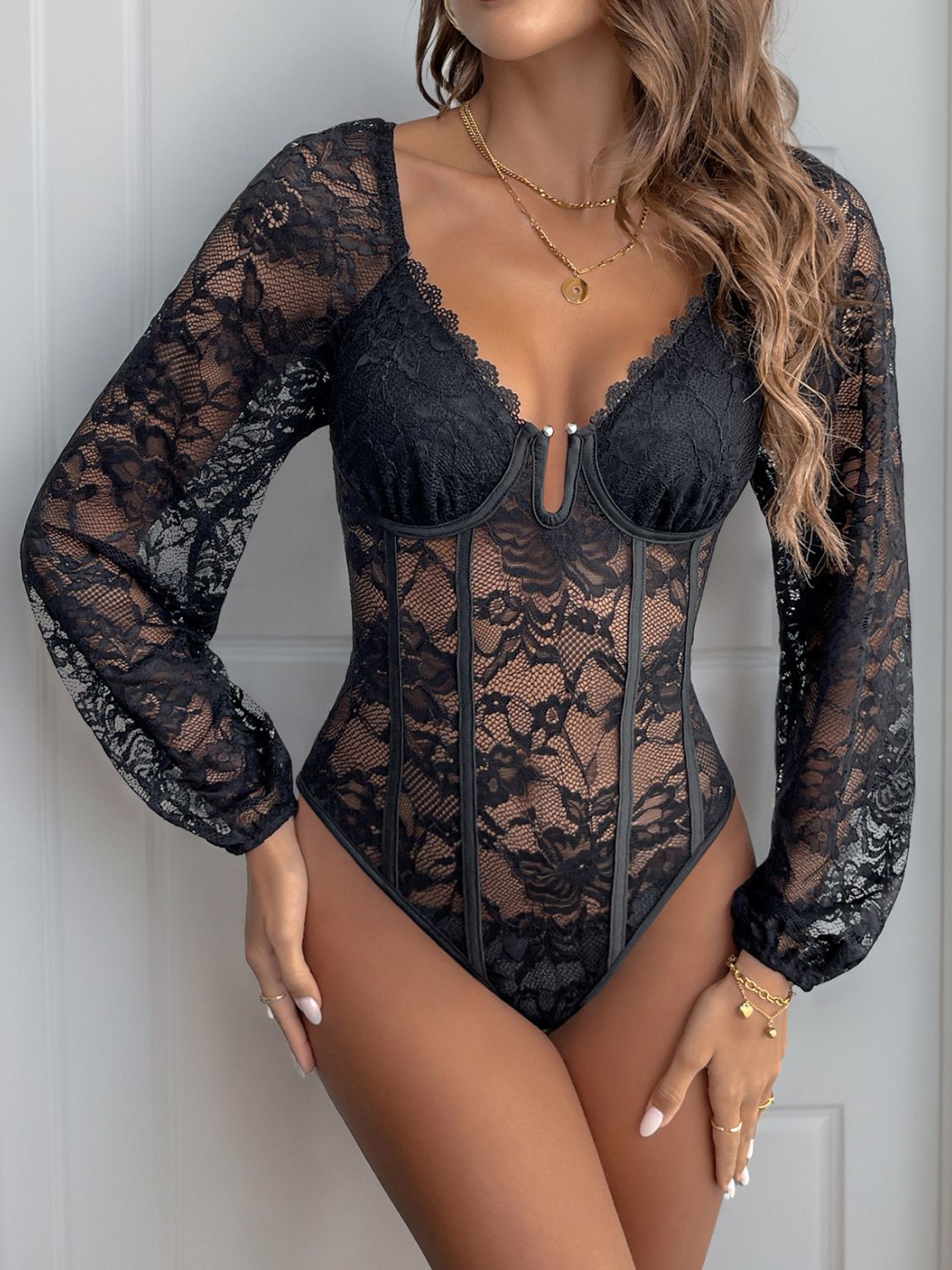Perfee Lace V-Neck Long Sleeve Bodysuit - The Goddess Galleries