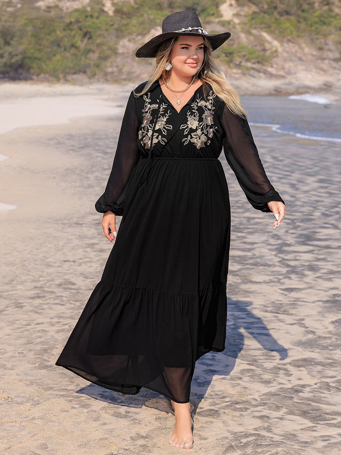 Plus Size Embroidered Tie Neck Long Sleeve Dress - The Goddess Galleries