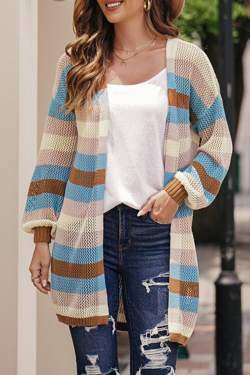 Full Size Striped Long Sleeve Openwork Cardigan - The Goddess Galleries