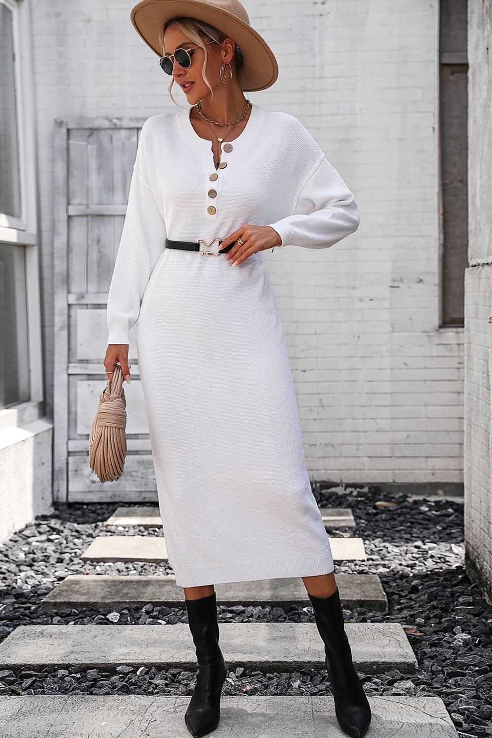 Decorative Button Notched Dropped Shoulder Sweater Dress - The Goddess Galleries