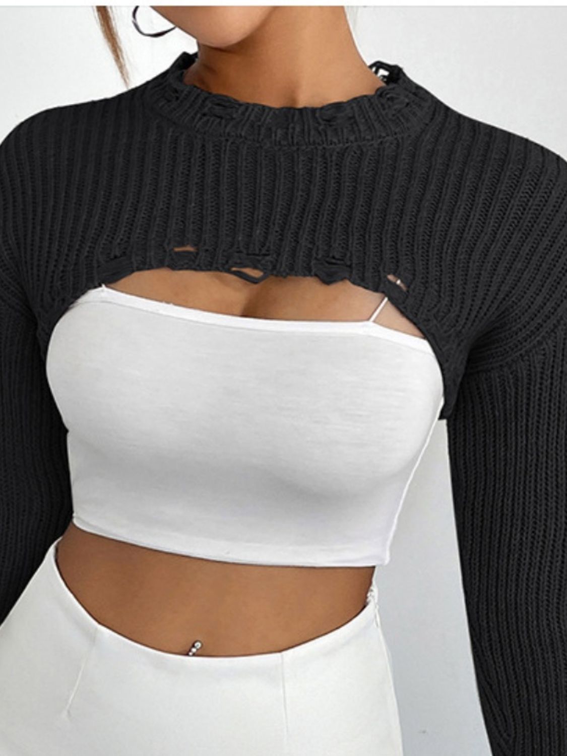 Distressed Long Sleeve Cropped Sweater - The Goddess Galleries