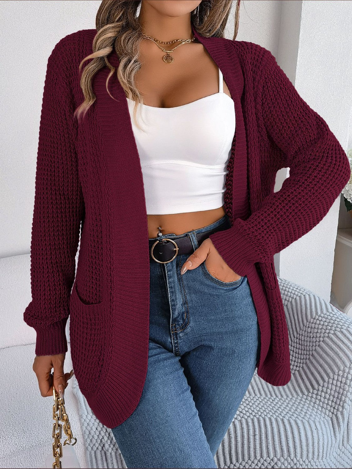 Open Front Long Sleeve Cardigan with Pockets - The Goddess Galleries