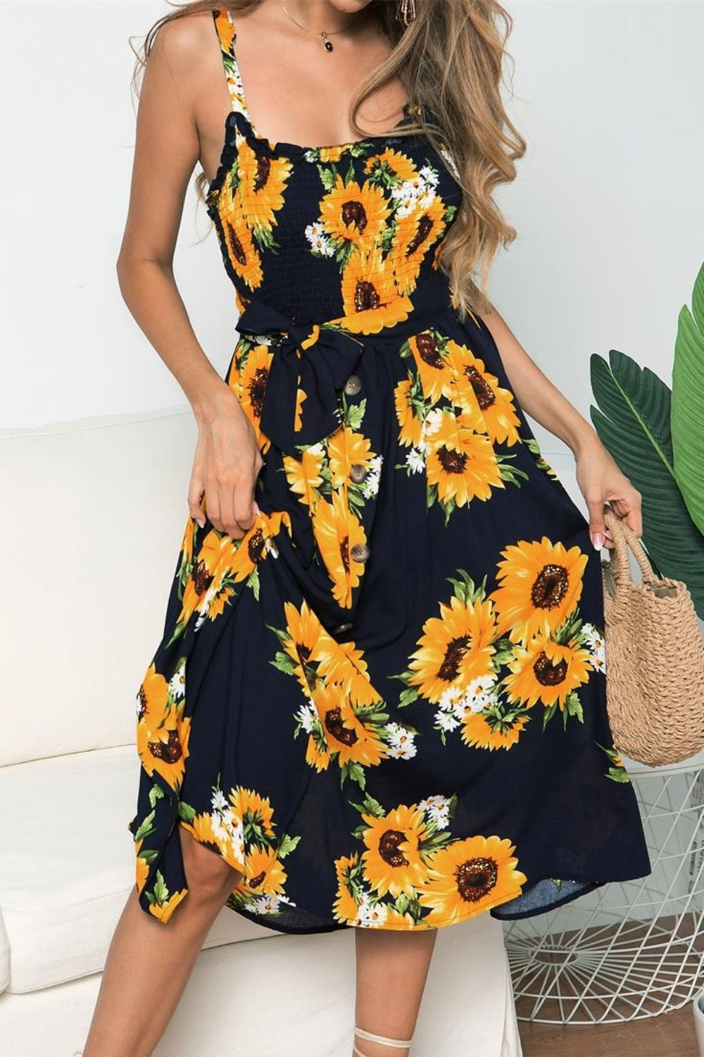 Smocked Sunflower Printed Sleeveless Cami Dress - The Goddess Galleries