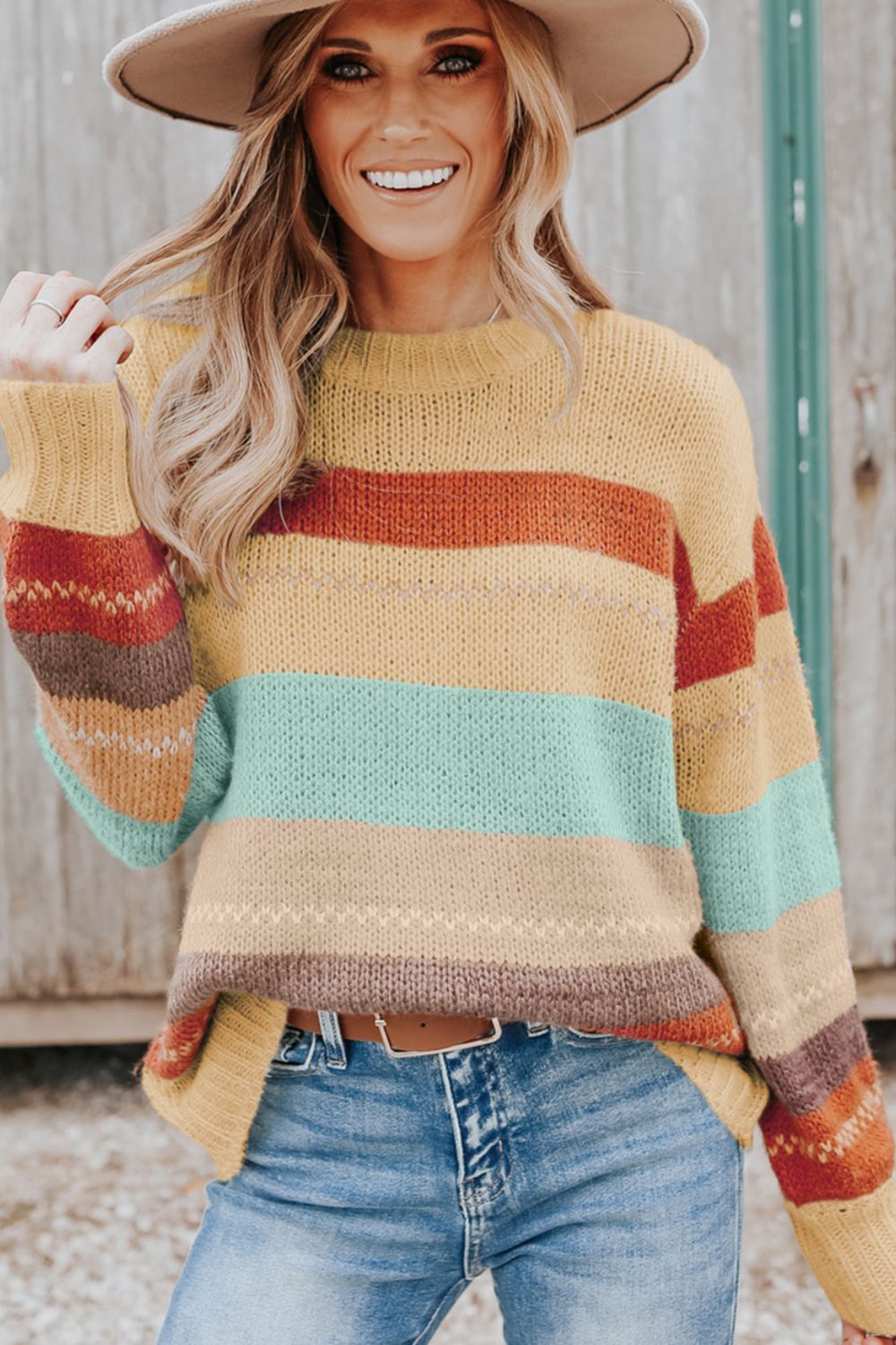 Color Block Round Neck Dropped Shoulder Sweater - The Goddess Galleries