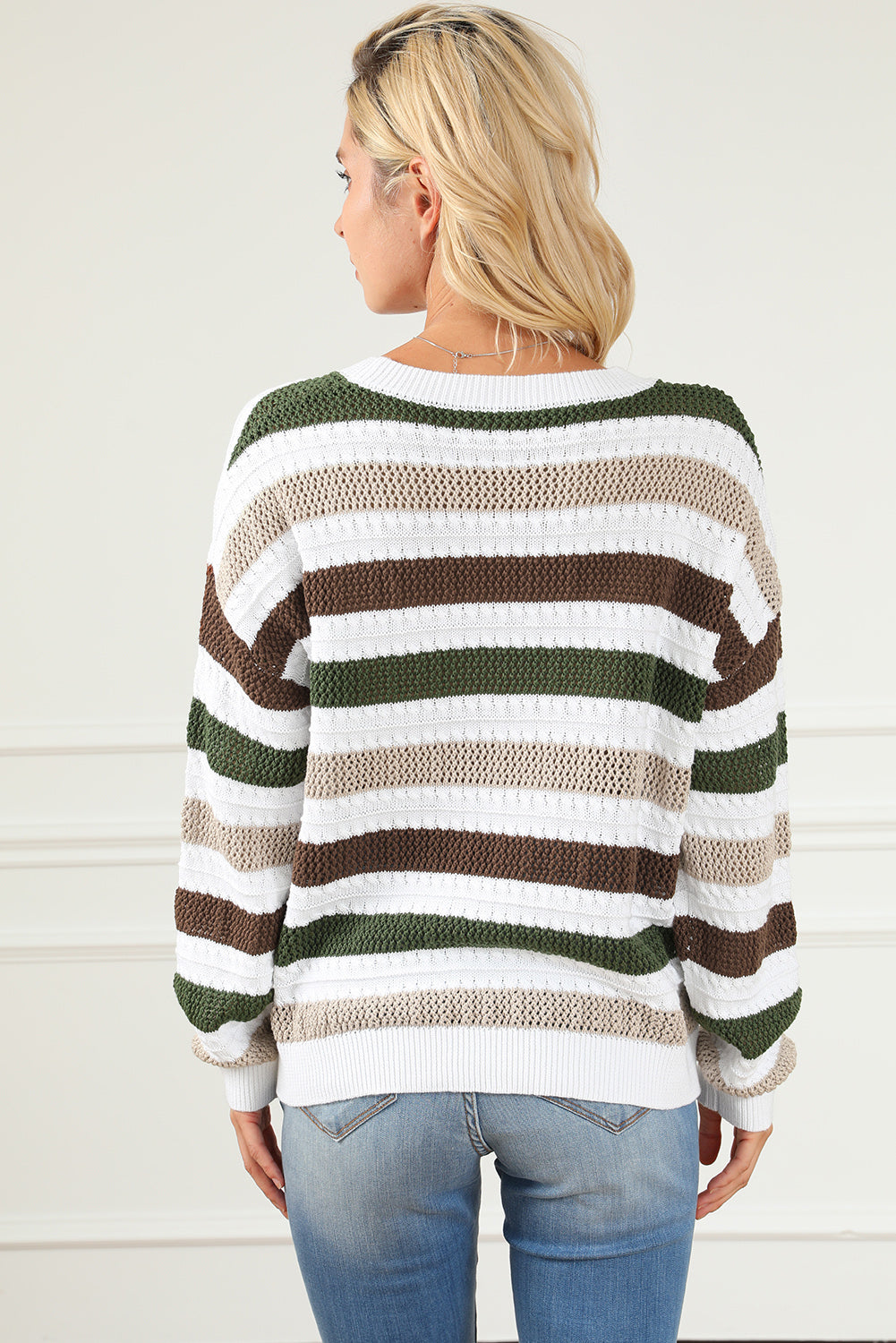 Striped Openwork Dropped Shoulder Sweater - The Goddess Galleries
