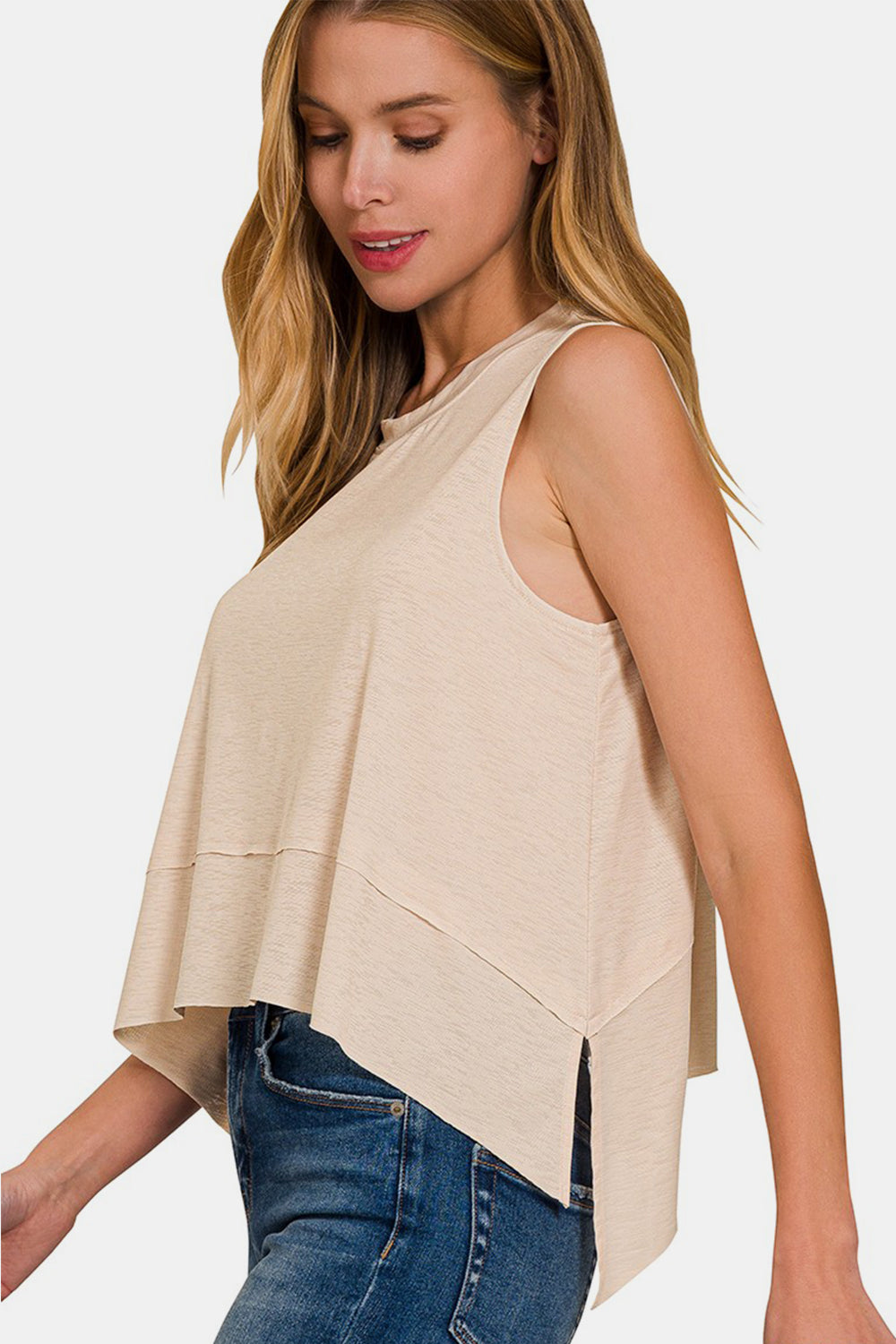 Zenana Exposed Seam Slit Round Neck Tank - The Goddess Galleries