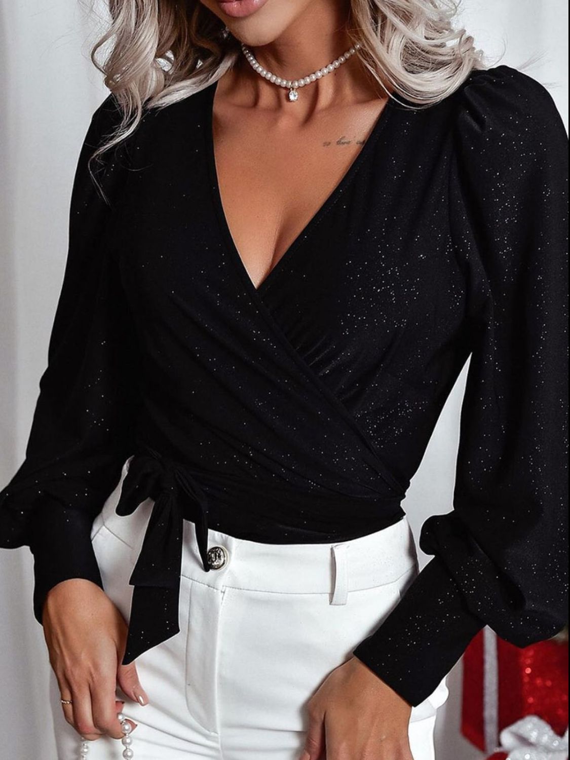 Glitter Surplice Long Sleeve Blouse - The Goddess Galleries