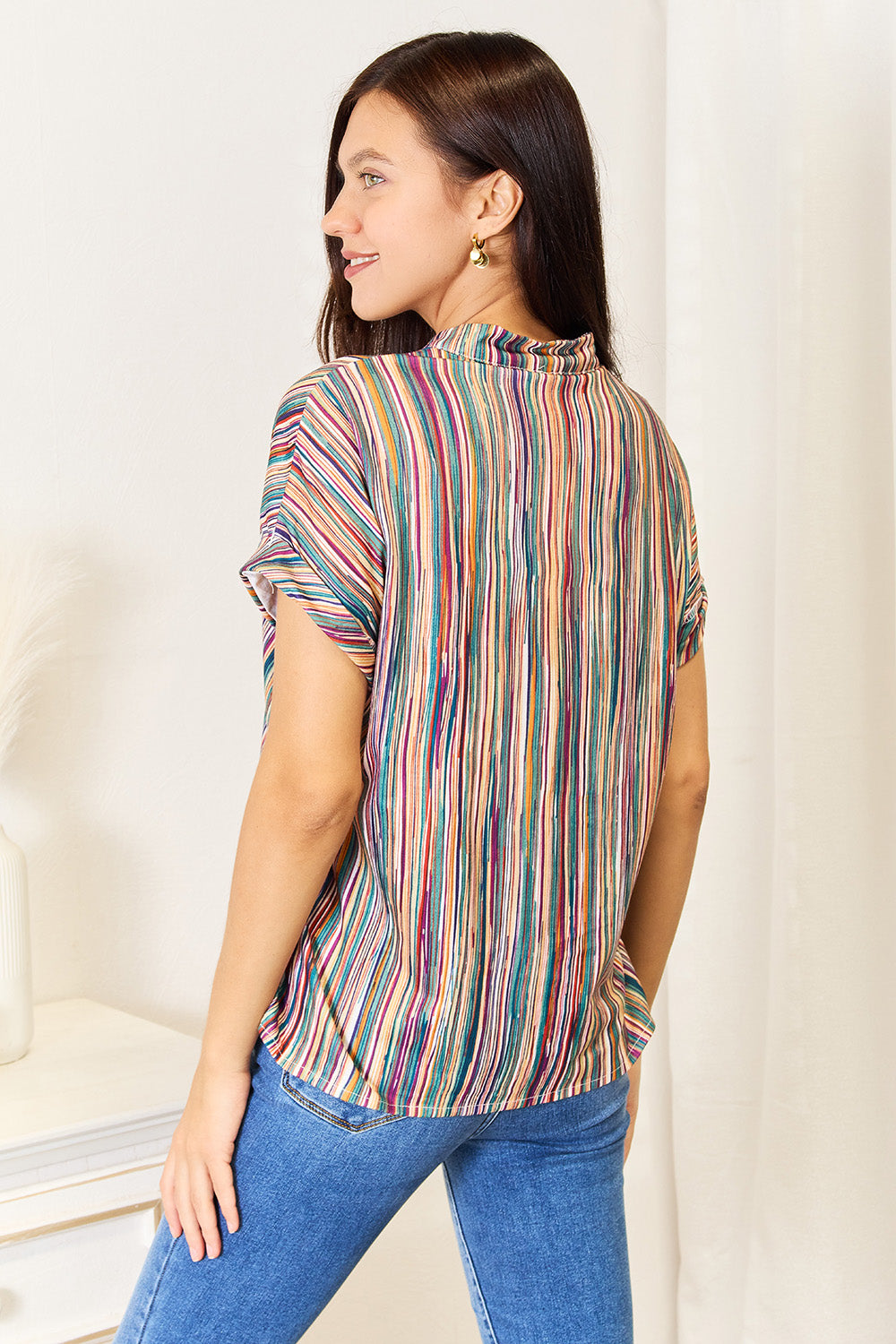 Shiny Multicolored Stripe Notched Neck Top - The Goddess Galleries