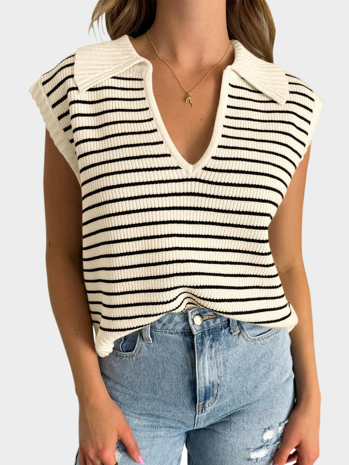 Mandy Collared Neck Striped Sweater Vest - The Goddess Galleries
