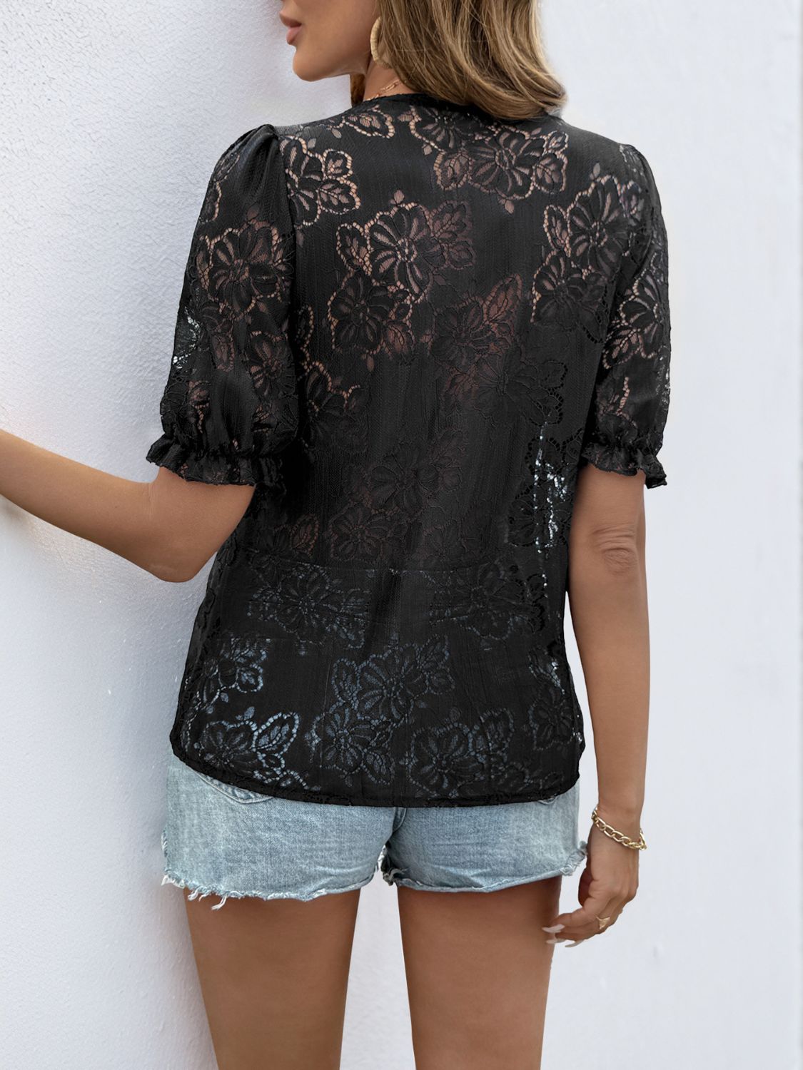 Perfee Button Down Short Sleeve Lace Shirt - The Goddess Galleries