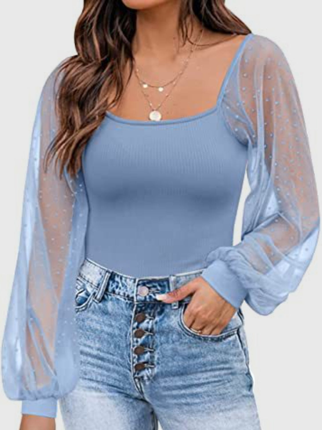 Polka Dot Square Neck Lantern Sleeve Blouse - The Goddess Galleries