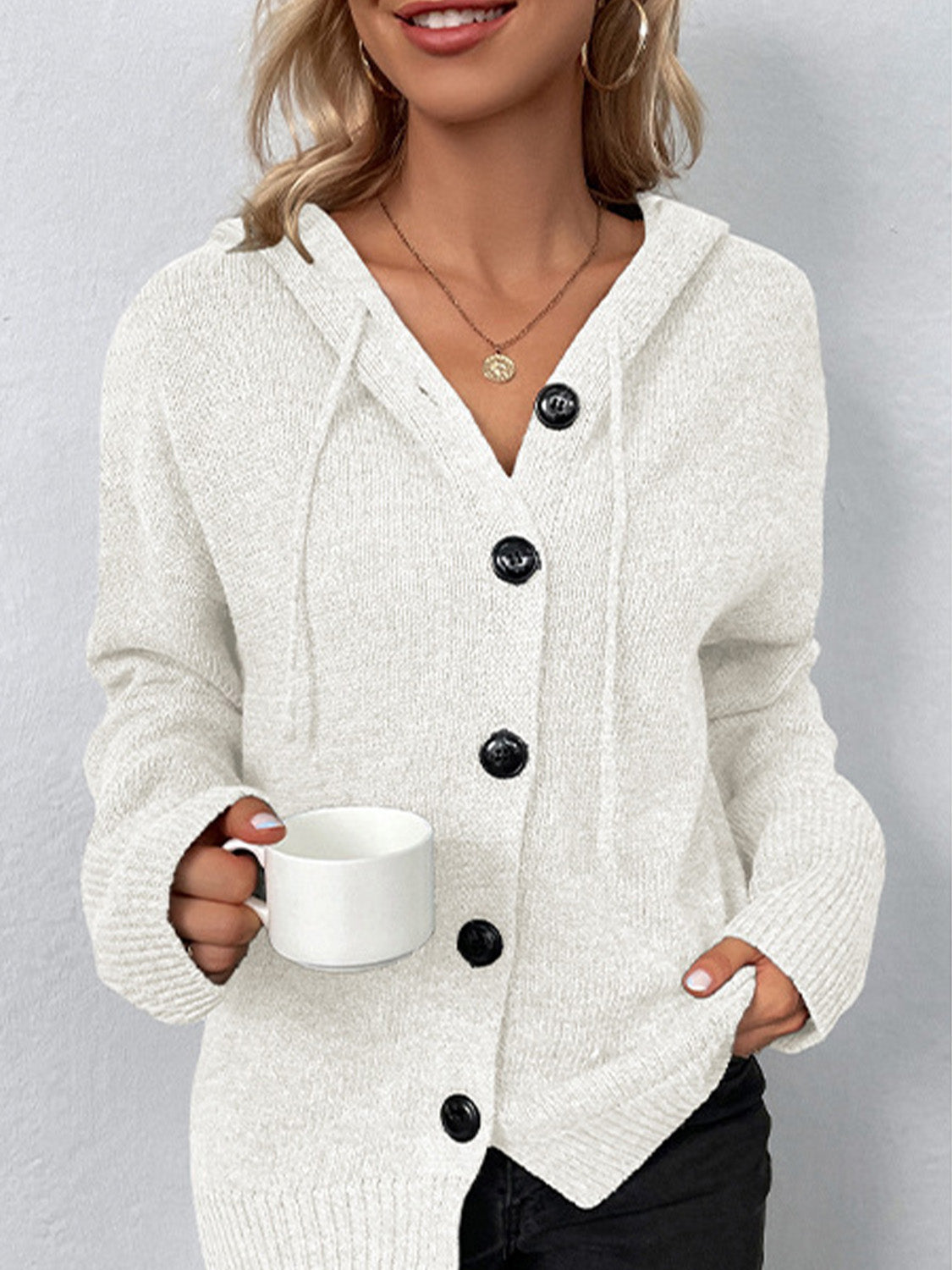 Drawstring Button Up Hooded Cardigan - The Goddess Galleries