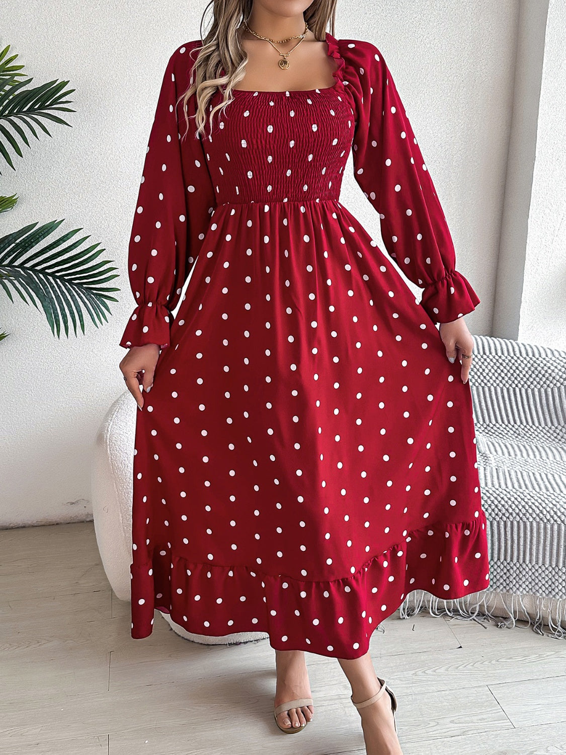 Polka Dot Flounce Sleeve Midi Dress - The Goddess Galleries
