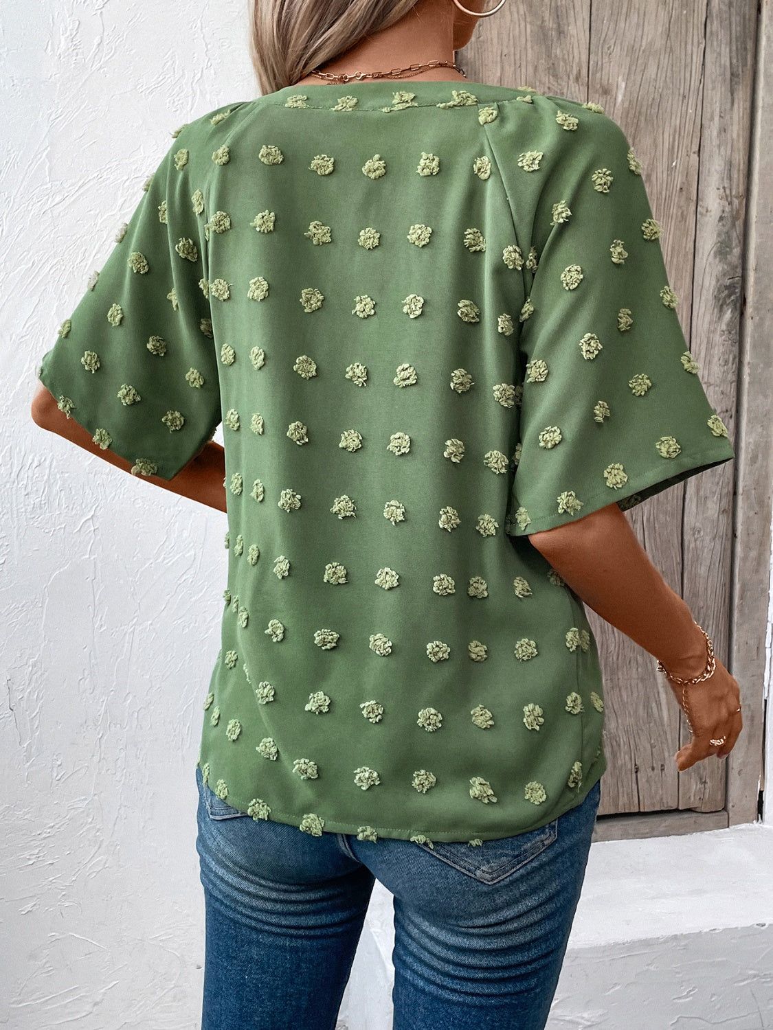 Ivy Lane Swiss Dot Notched Half Sleeve Blouse - The Goddess Galleries