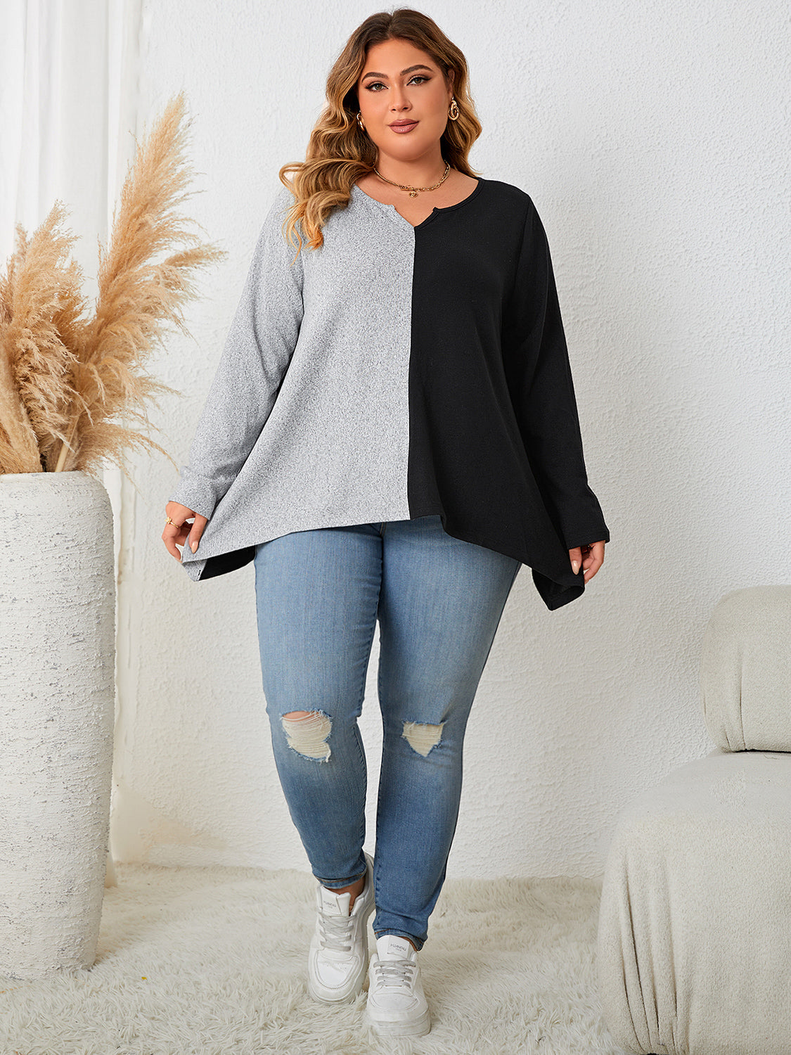 Honey Plus Size Contrast Notched Neck T-Shirt - The Goddess Galleries