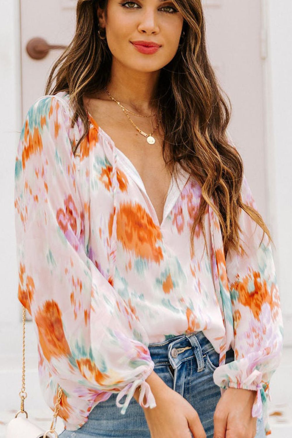 Printed Tie Neck Long Sleeve Blouse - The Goddess Galleries