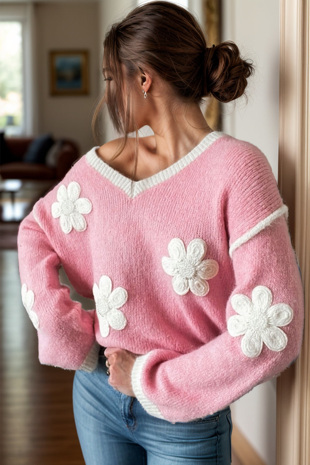 Flower V-Neck Dropped Shoulder Sweater - The Goddess Galleries