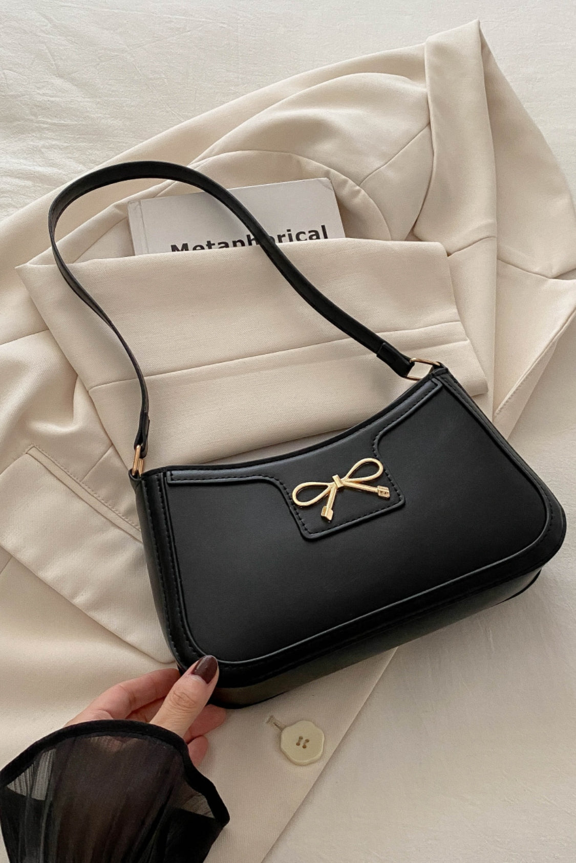 Bow Trim PU Leather Shoulder Bag - The Goddess Galleries