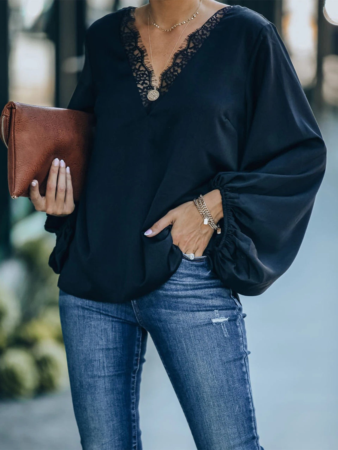 Lace Detail V-Neck Long Sleeve Blouse - The Goddess Galleries