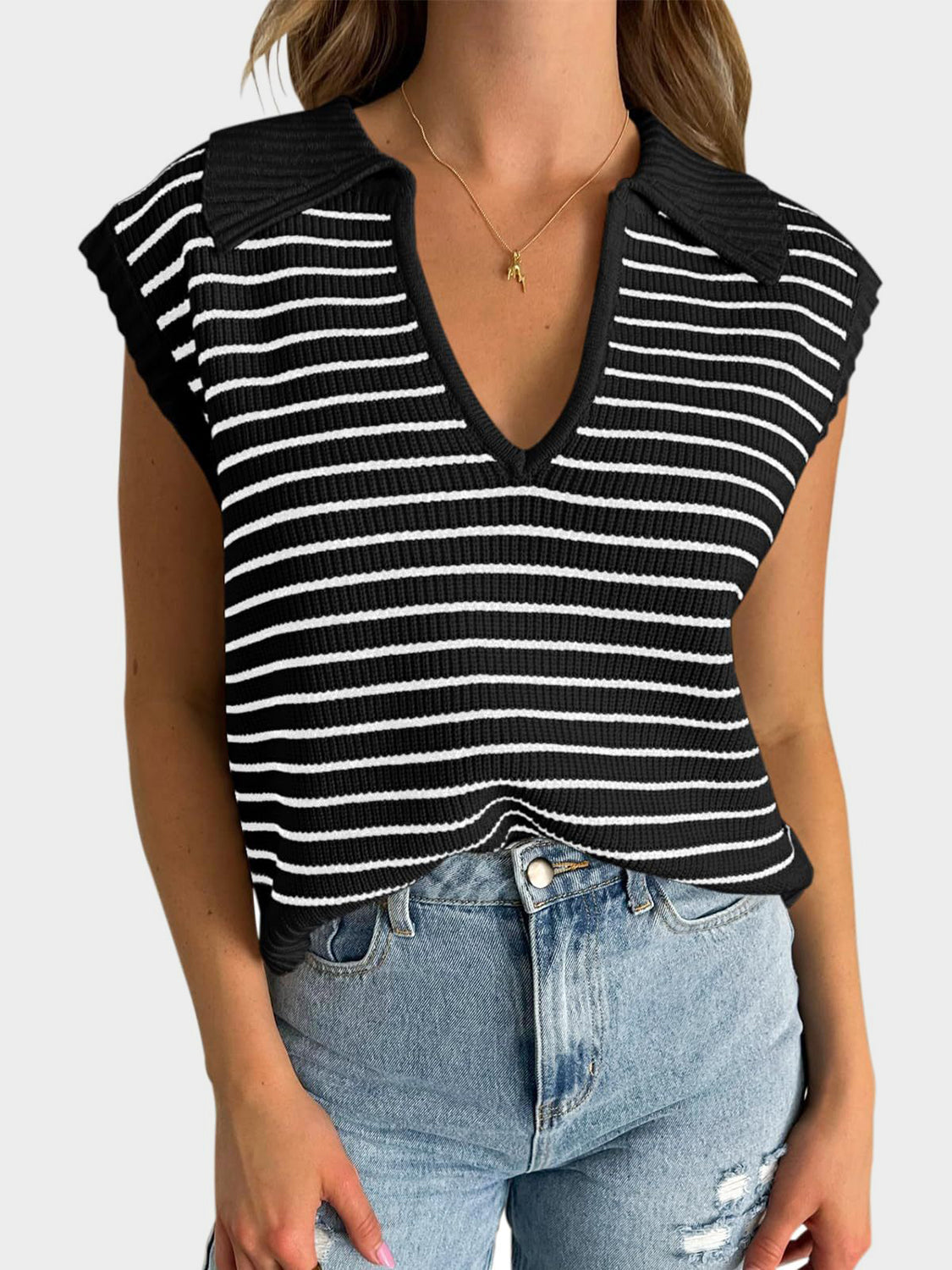 Mandy Collared Neck Striped Sweater Vest - The Goddess Galleries