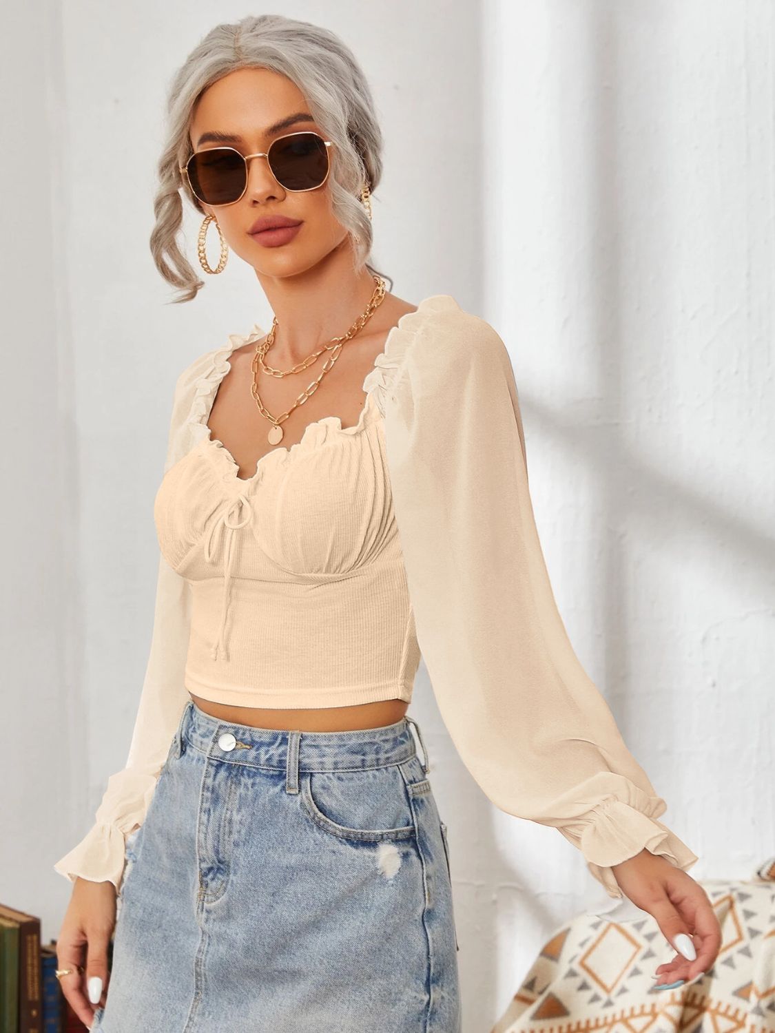 Mesh Sweetheart Neck Flounce Sleeve Top - The Goddess Galleries