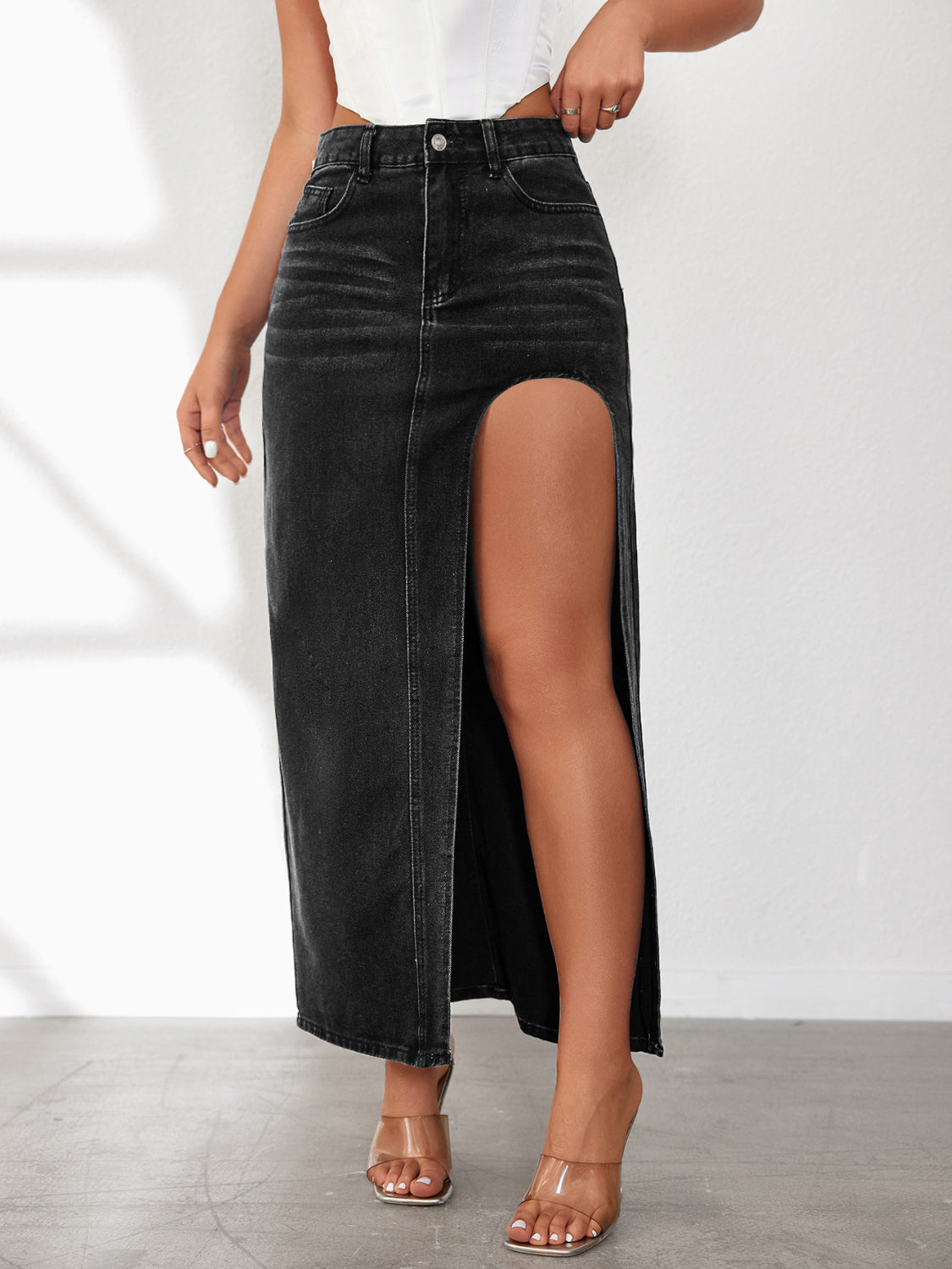 High Rise Slit Denim Skirt - The Goddess Galleries